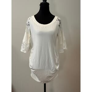Patty Boutik Cream Jersey Top with Shirred Sides and 3/4 Lacy Sleeves